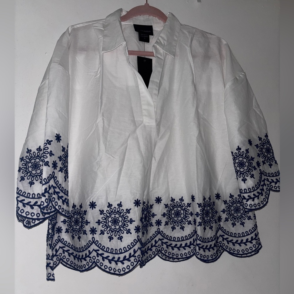 White Embroidered Peasant Top with Navy Blue Trim